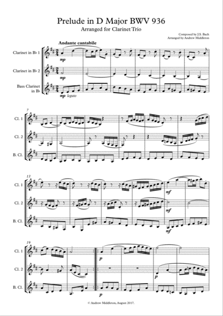 Prelude in D Major BWV 936 arranged for Clarinet Trio Clarinet Trio scores gallery preview page 1