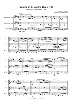 Prelude in D Major BWV 936 arranged for Clarinet Trio