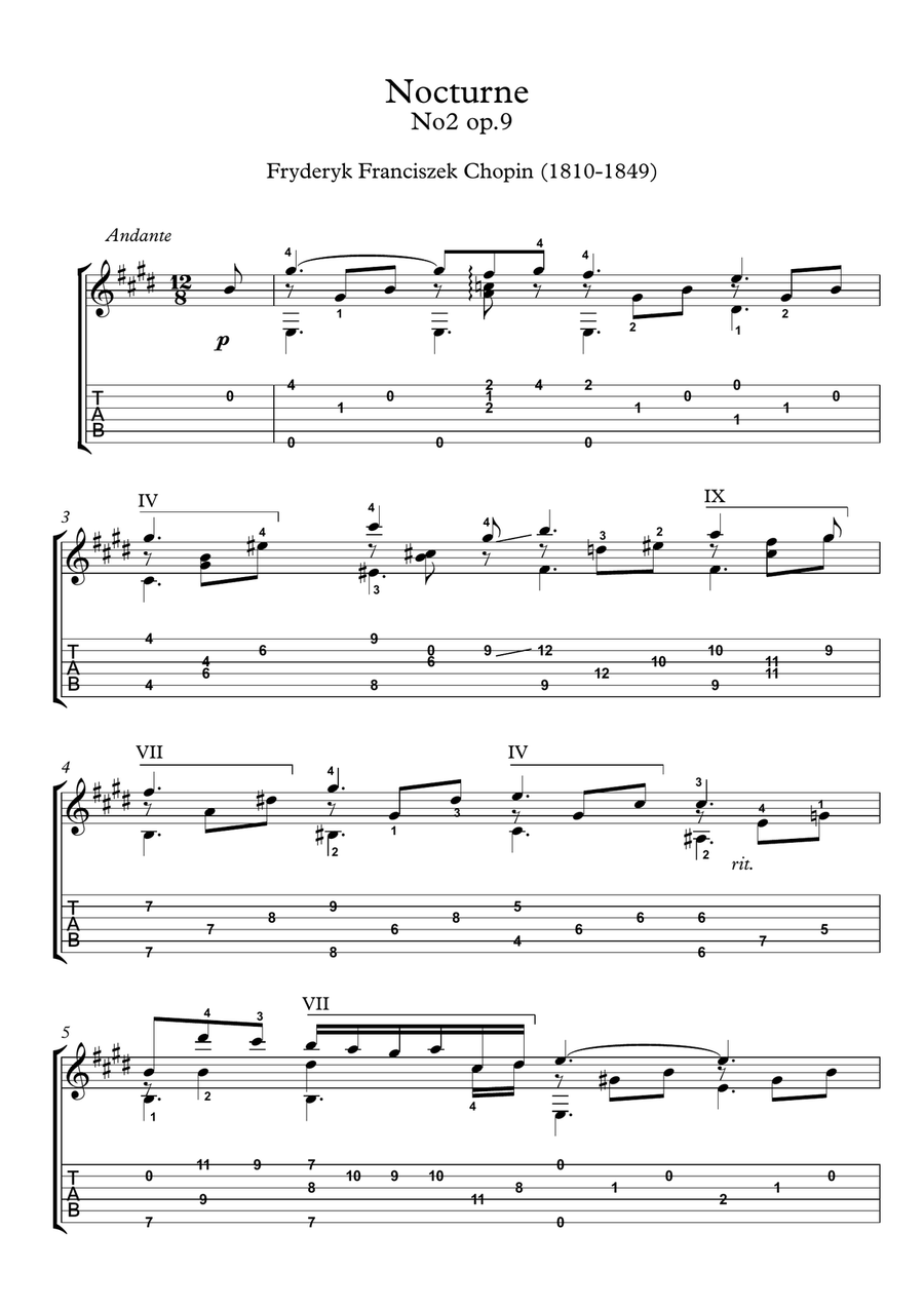 Chopin Nocturne 2 for classical guitar Acoustic Guitar scores gallery preview page 1