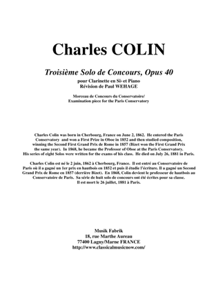 Book cover for Charles Colin: Solo de Concours no 3, Opus 40 arranged for Bb clarinet and piano