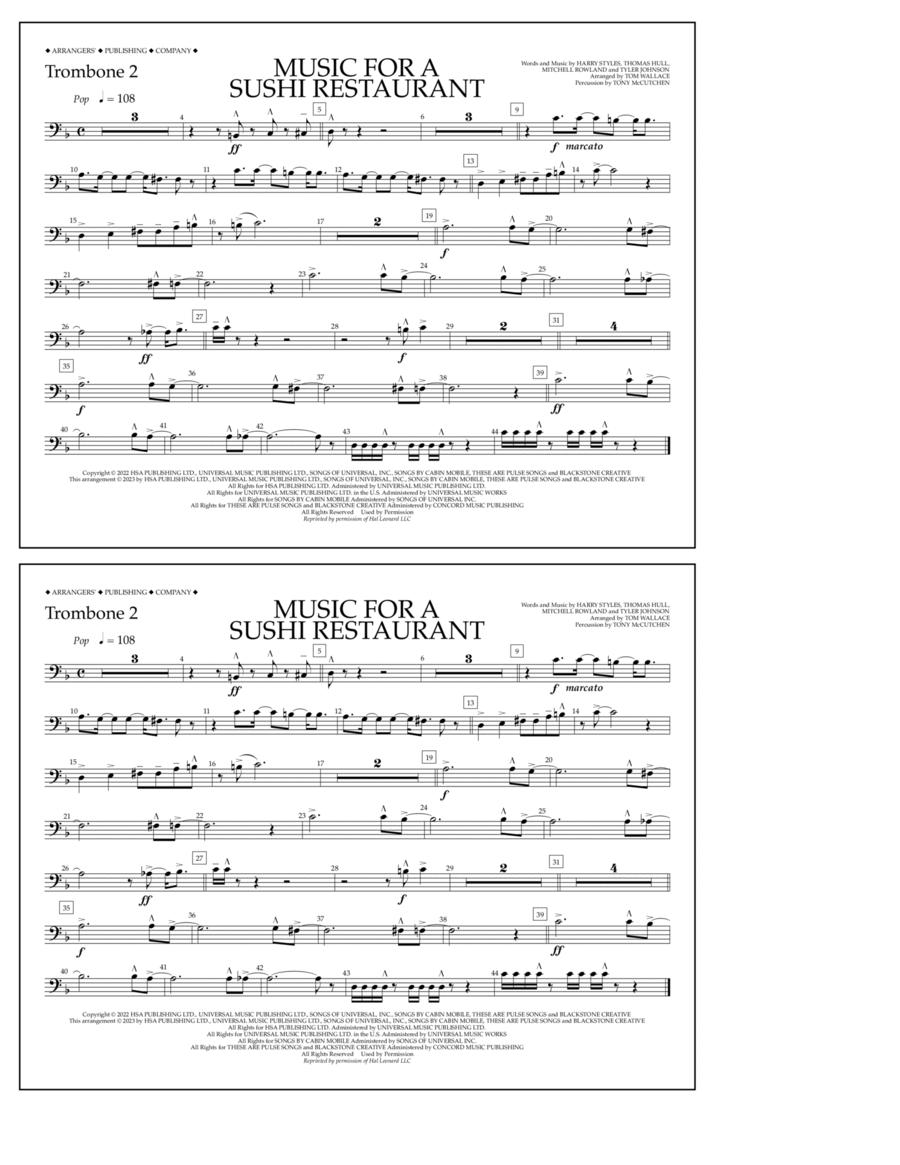Music For A Sushi Restaurant (arr. Tom Wallace) - Trombone 2 Marching Band scores gallery preview page 1