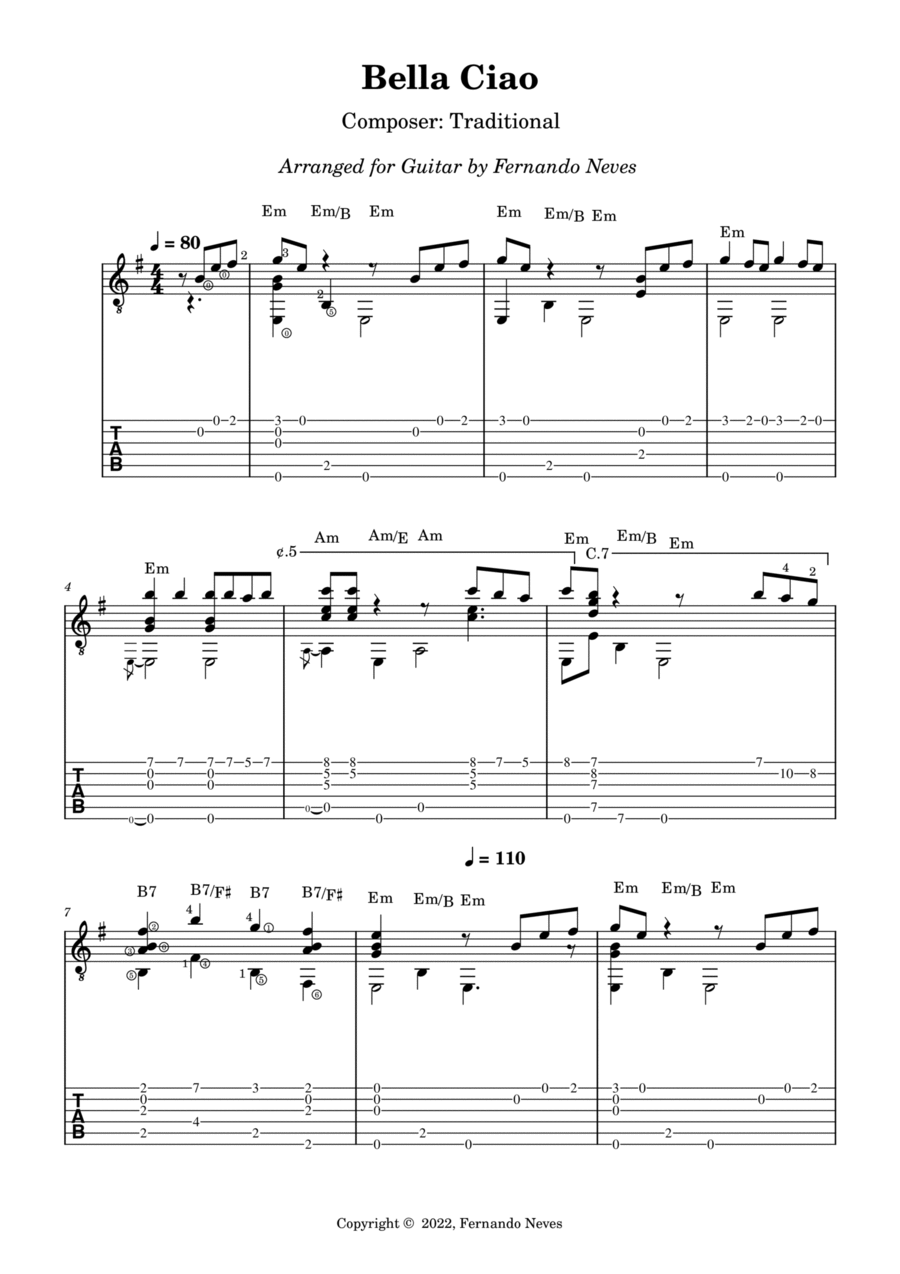 Bella Ciao (Solo Fingerstyle Guitar) Acoustic Guitar scores gallery preview page 1