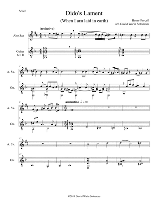 Dido's Lament - When I am laid in earth - arranged for alto saxophone and guitar