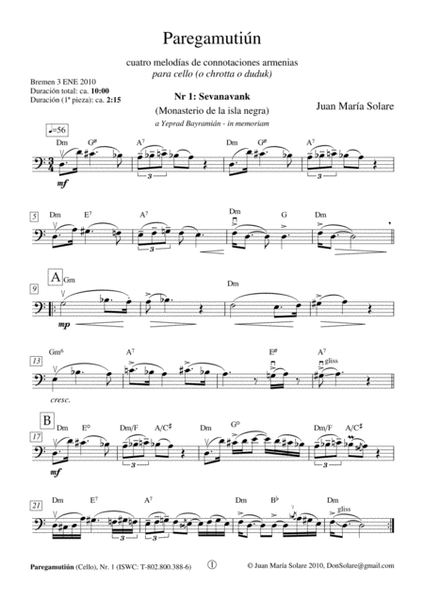 Paregamutiun [cello solo] (suite of 4 pieces)