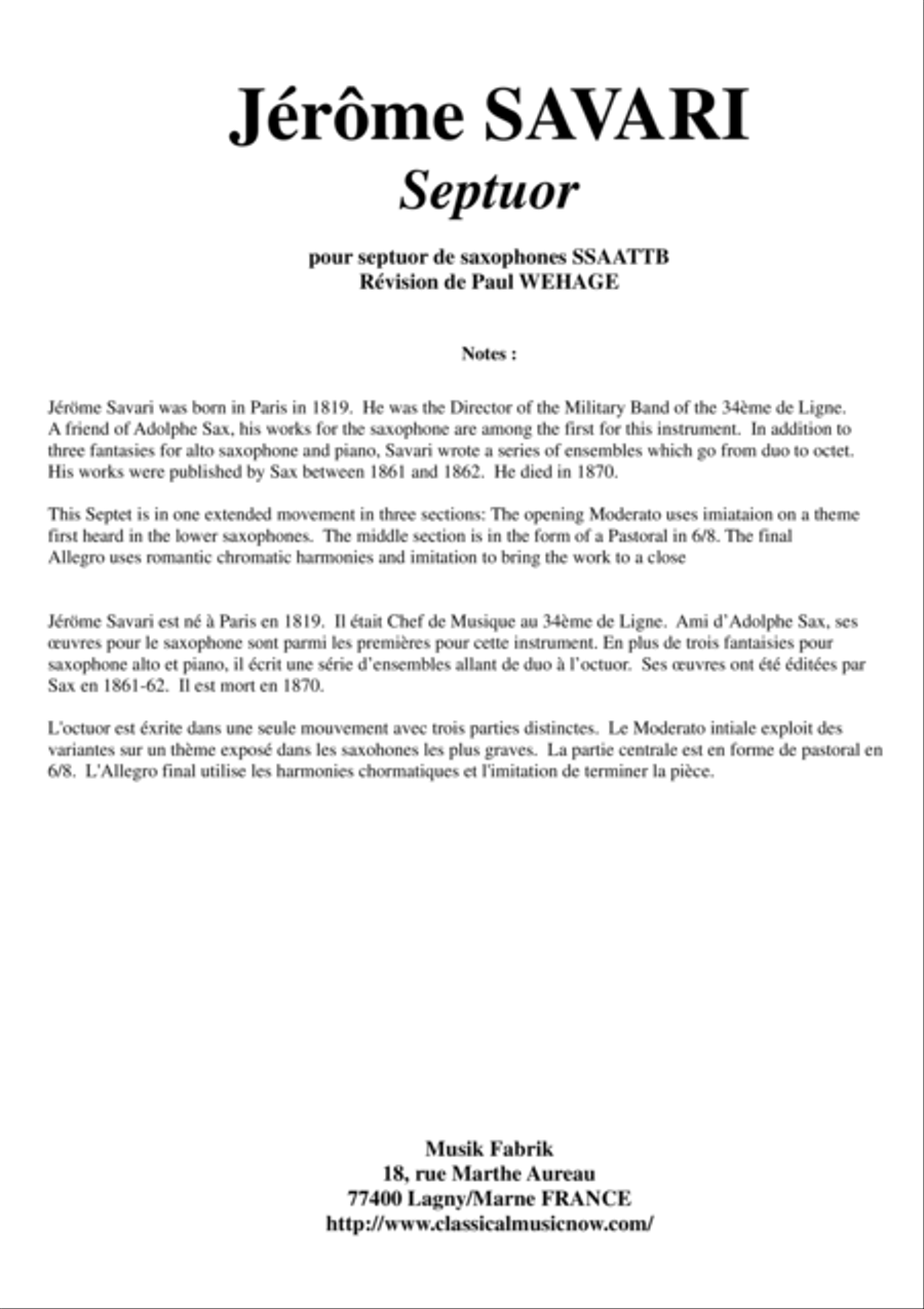 Jérôme SAVARI Septet for SSAATTB saxophone septet Choir scores gallery preview page 1