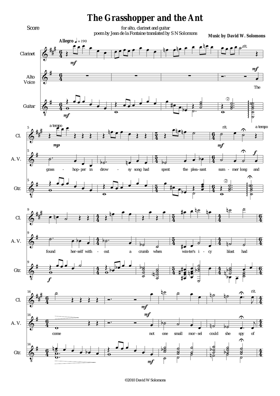 The grasshopper and the ant for alto voice, clarinet and guitar Small Ensemble scores gallery preview page 1