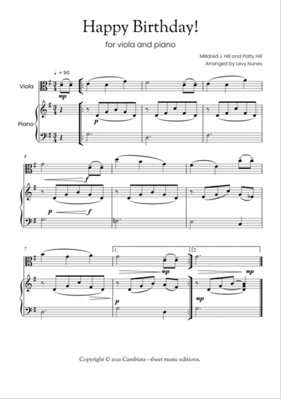 Happy Birthday - For viola (solo) and piano (Easy/Beginner) Piano scores gallery preview page 2