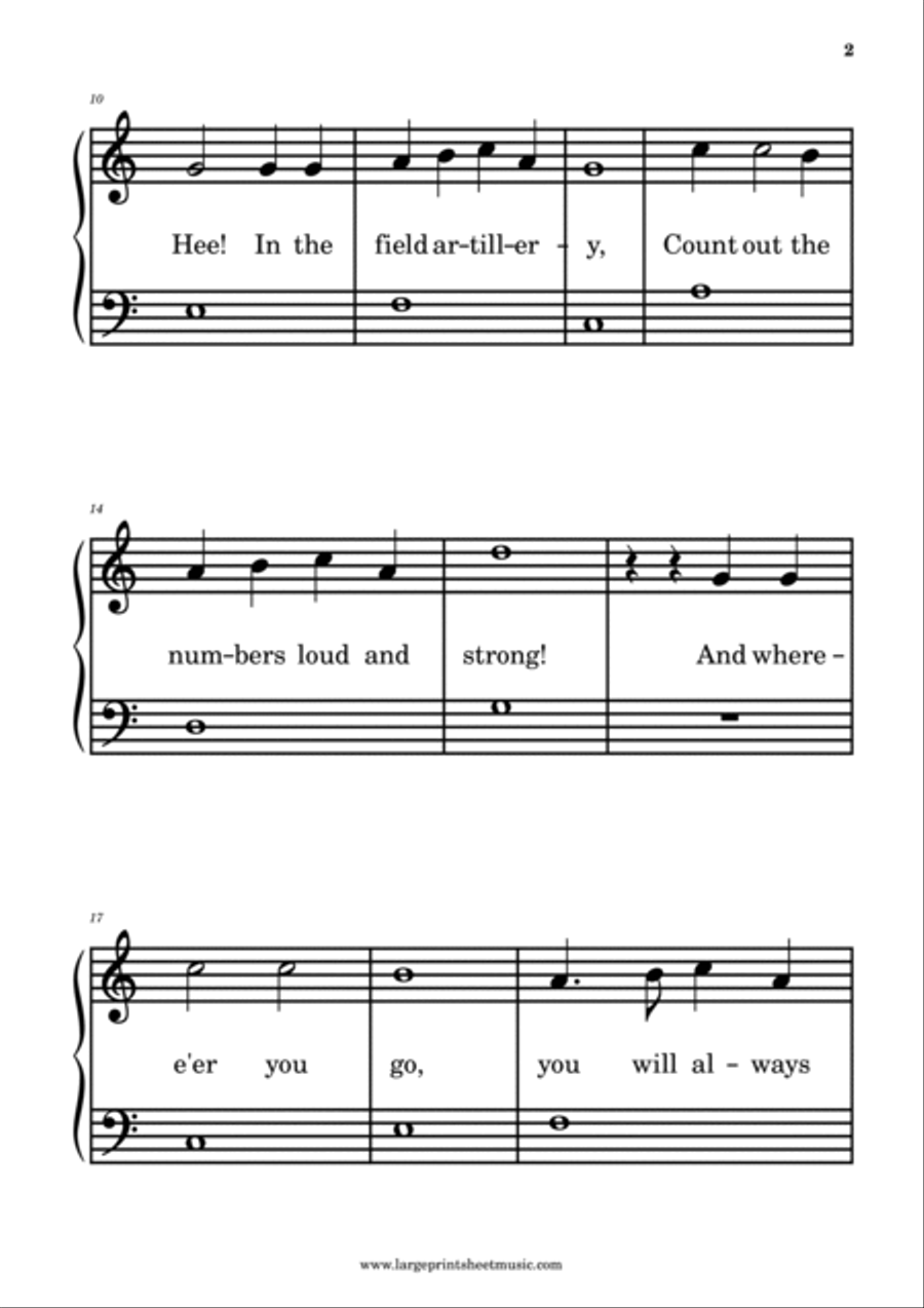 The Army Song • The Caissons Go Rolling Along • Easy Piano • Large Print • Veteran's Day Easy Piano scores gallery preview page 2
