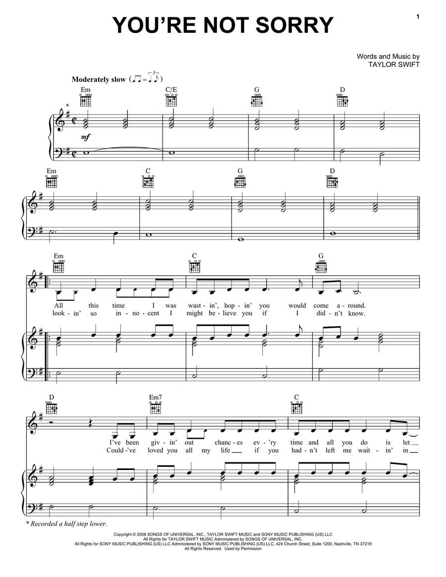 You're Not Sorry Piano, Vocal, Guitar scores gallery preview page 1