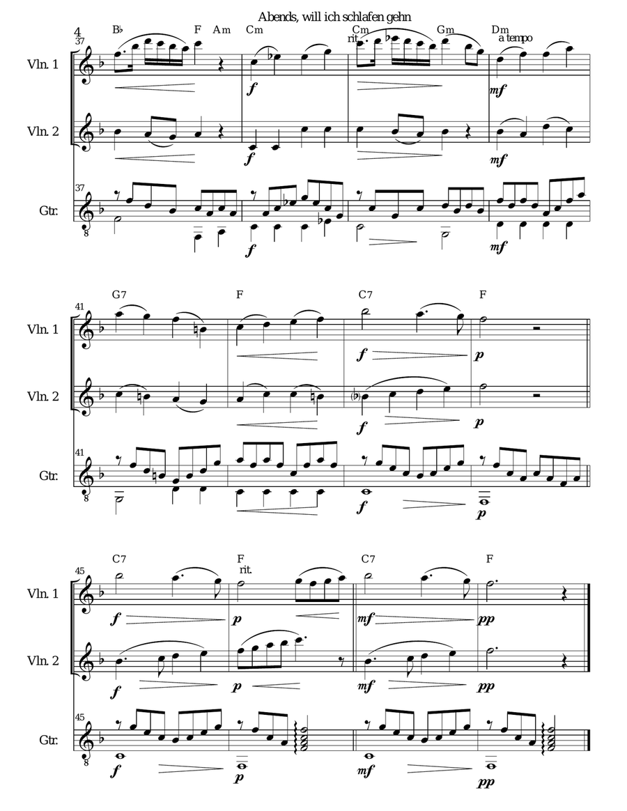 Abendsegen (Abends will ich schlafen gehn) for 2 violins and guitar String Duet scores gallery preview page 4