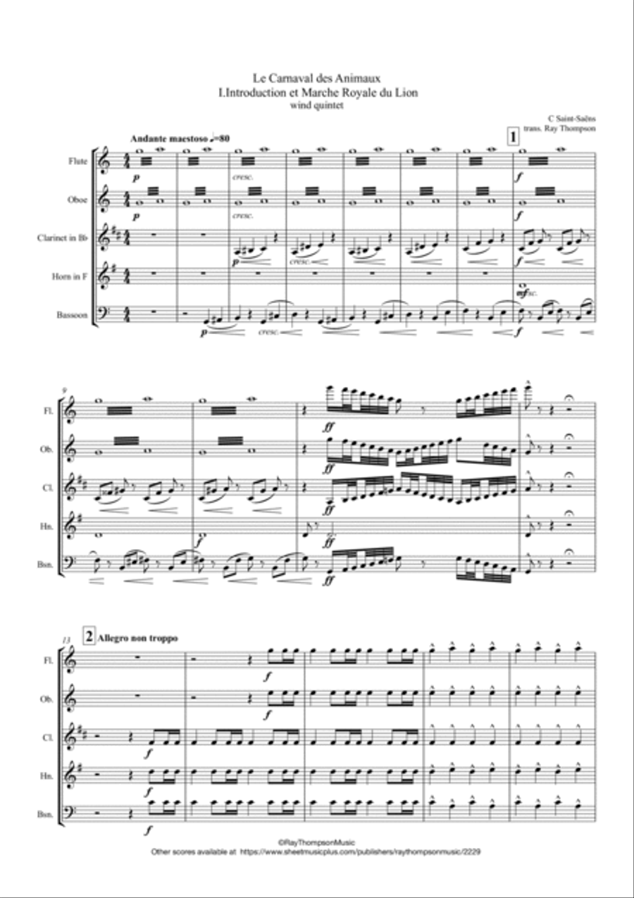 Saint-Saëns: Le Carnaval des Animaux (The Carnival of the Animals (A Selection) - wind quintet Woodwind Quintet scores gallery preview page 2