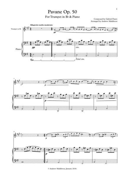 Pavane Op. 50 arranged for Trumpet in B Flat and Piano image number null