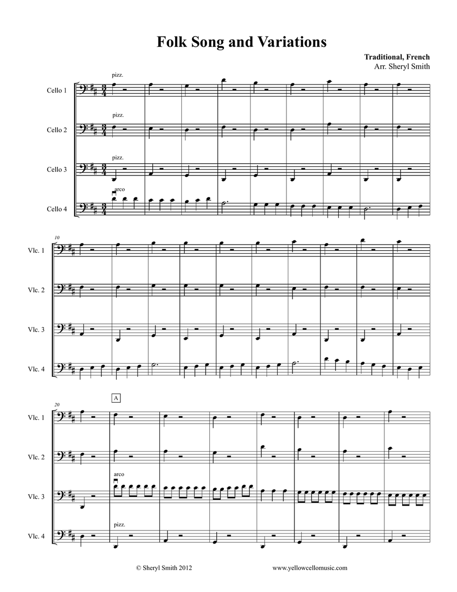 Traditional French Folk Song and Variation for four beginner cellists (cello quartet) String Orchestra scores gallery preview page 1