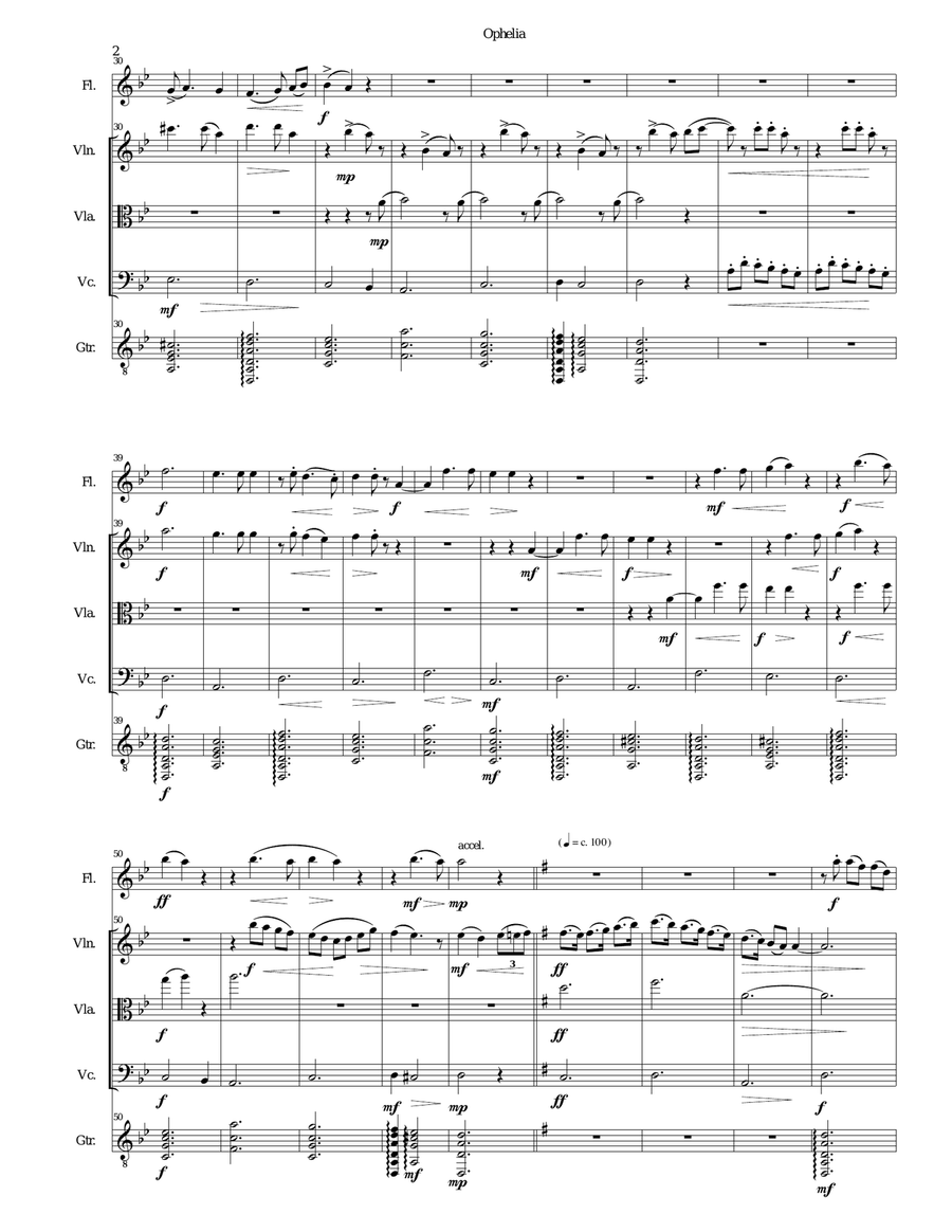 Ophelia for flute, string trio and guitar Small Ensemble scores gallery preview page 2