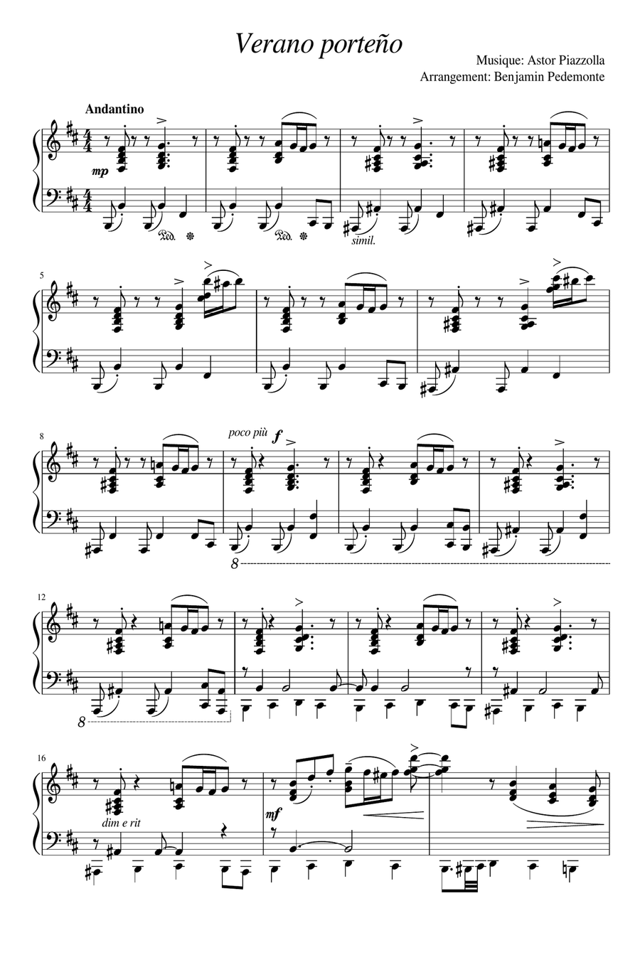 Verano porteño - Astor Piazzolla (Advanced piano arrangement) Piano Solo scores gallery preview page 1