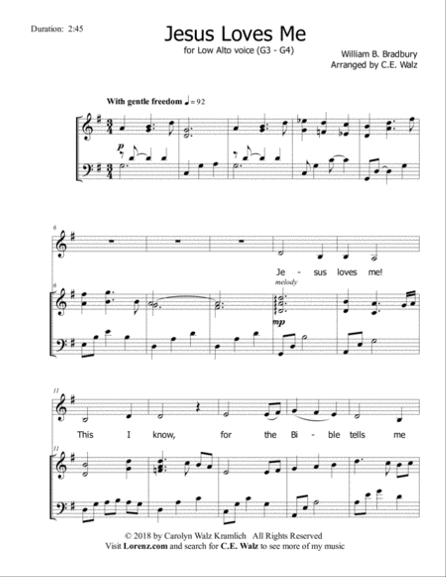 Jesus Loves Me (Low Alto Solo with piano) Piano, Vocal, Guitar scores gallery preview page 1