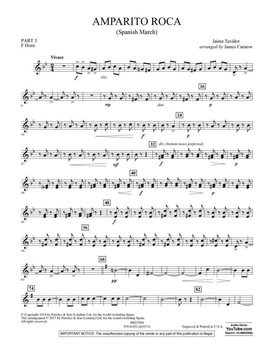 Amparito Roca (Spanish March) - Pt.3 - F Horn Concert Band scores gallery preview page 1