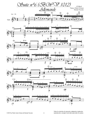 Book cover for J.S. Bach Allemande BWV 1012-6th. suite cello guitar arr.: P.J. Gómez & H. Navarro edition