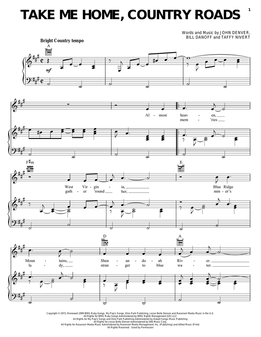 Take Me Home, Country Roads Piano, Vocal, Guitar scores gallery preview page 1