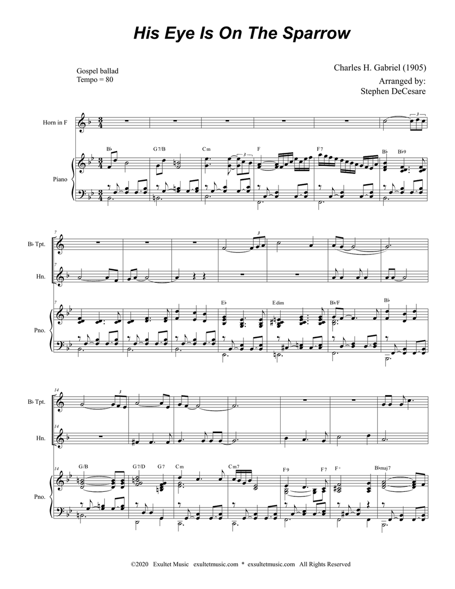His Eye Is On The Sparrow (Duet for Bb-Trumpet and French Horn) Brass Duet scores gallery preview page 2