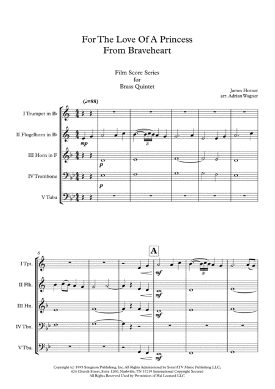 For The Love Of A Princess from the Twentieth Century Fox Motion Picture BRAVEHEART Brass Quintet scores gallery preview page 3