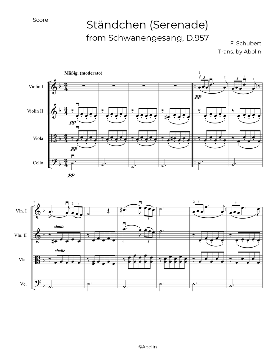 Schubert: Ständchen (Serenade) - String Quartet String Quartet scores gallery preview page 2