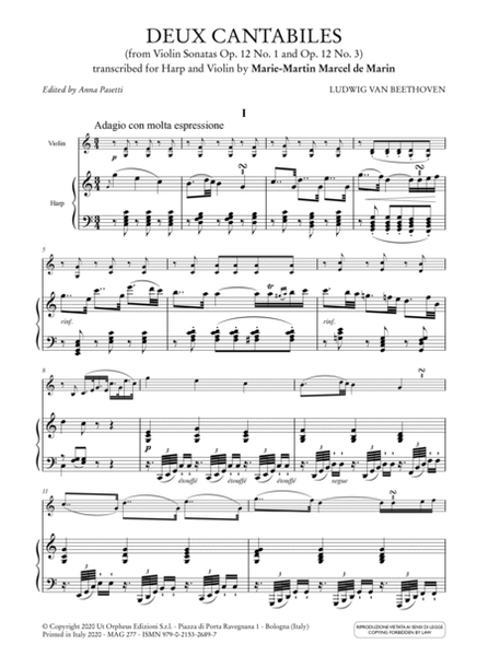Deux Cantabiles (from Violin Sonatas Op. 12 Nos. 2 and 3) for Harp and Violin. Transcription by Marie-Martin Marcel de Marin