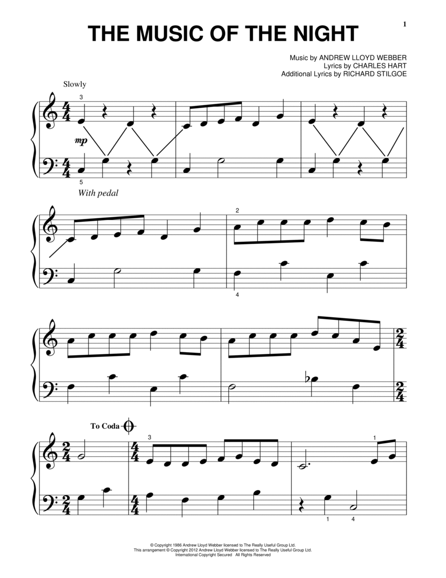 The Music Of The Night (from The Phantom Of The Opera) Easy Piano scores gallery preview page 1