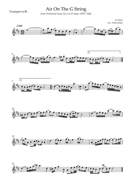 Air On The G String (J.S. Bach) for Trumpet in Bb Solo and Piano Accompaniment image number null