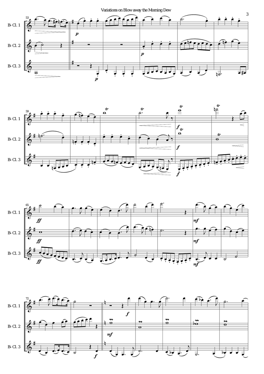 Variations on Blow away the morning dew for 3 clarinets Clarinet Solo scores gallery preview page 3