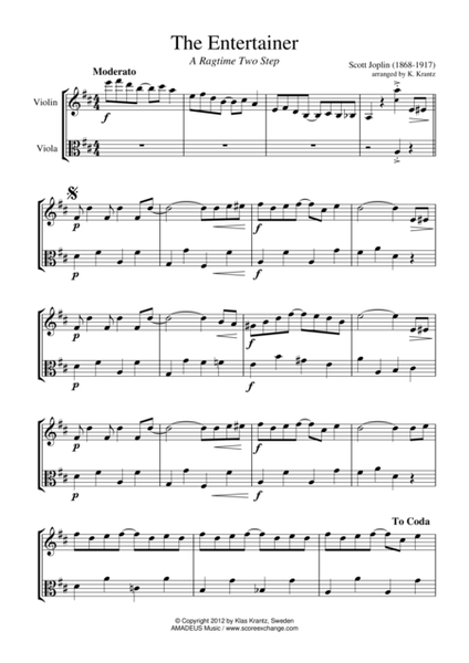 The Entertainer, Ragtime (easy, abridged) for violin and viola image number null