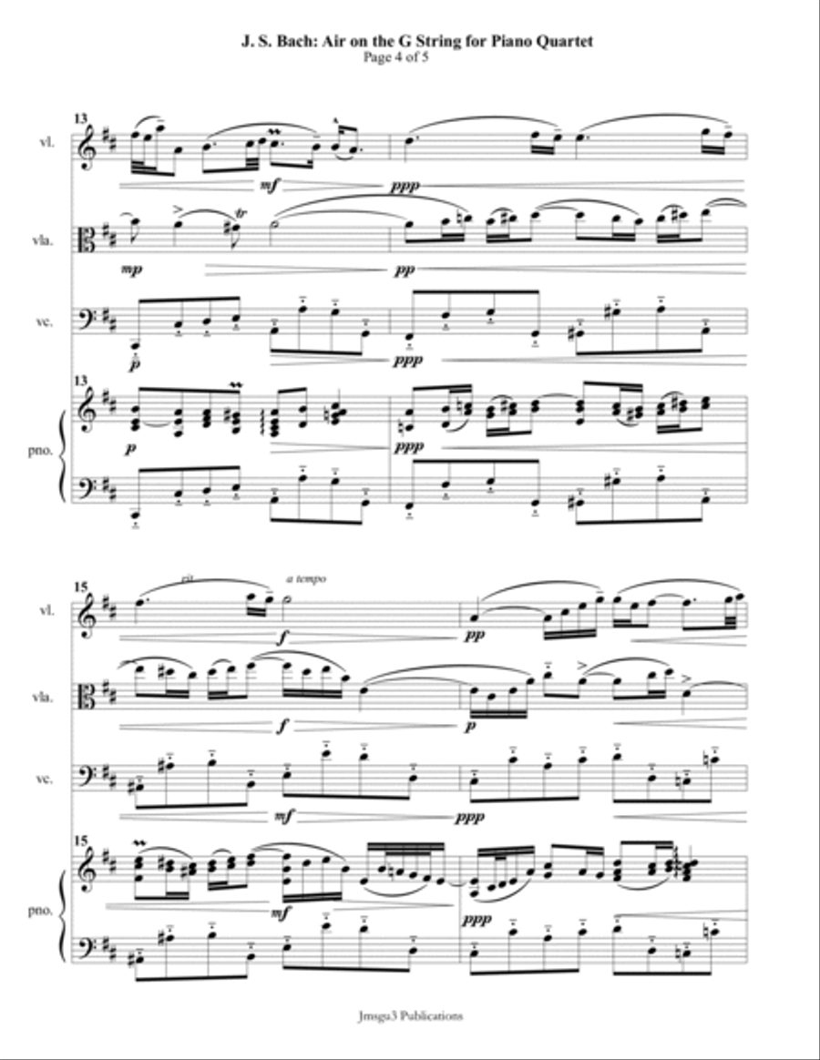 Bach: Air on the G String for Piano Quartet Piano Quartet scores gallery preview page 4