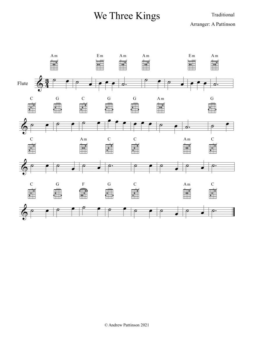 We Three Kings for Easy Flute with Guitar Chords Flute Solo scores gallery preview page 1