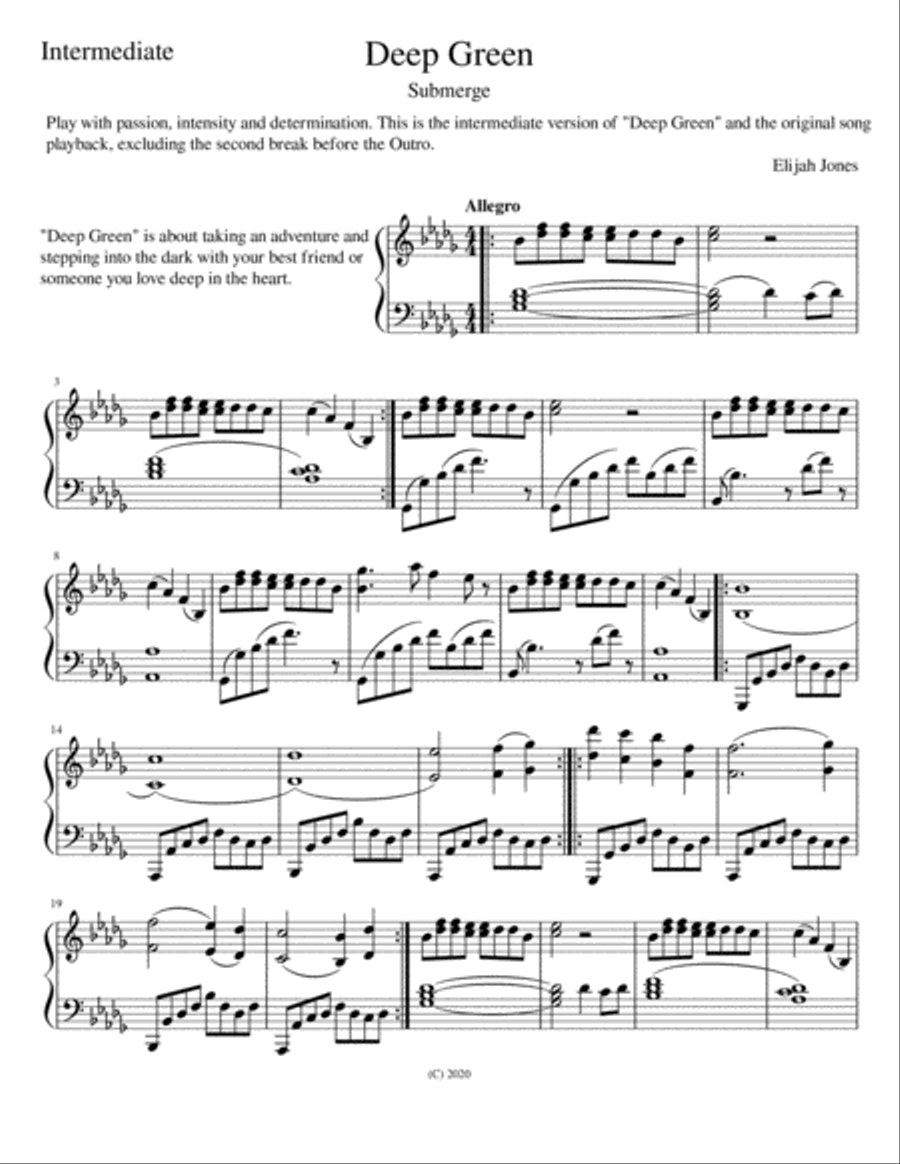 Deep Green - Submerge (Elijah Jones) W/Backing Track Piano Solo scores gallery preview page 1