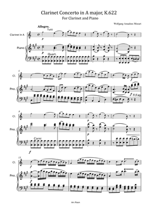 Mozart - Clarinet Concerto in A major, K.622 - For Clarinet and Piano Original Compelet