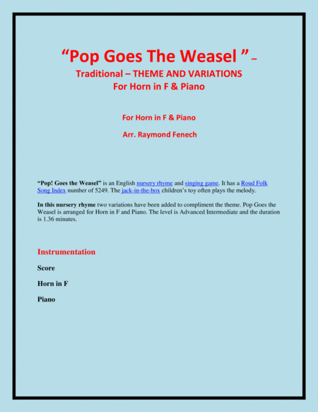 Pop Goes the Weasel - Theme and Variations For Horn in F and Piano image number null