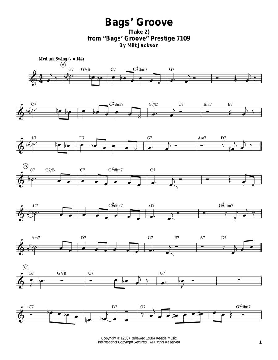 Bags' Groove (Take 2) Electric Guitar scores gallery preview page 1