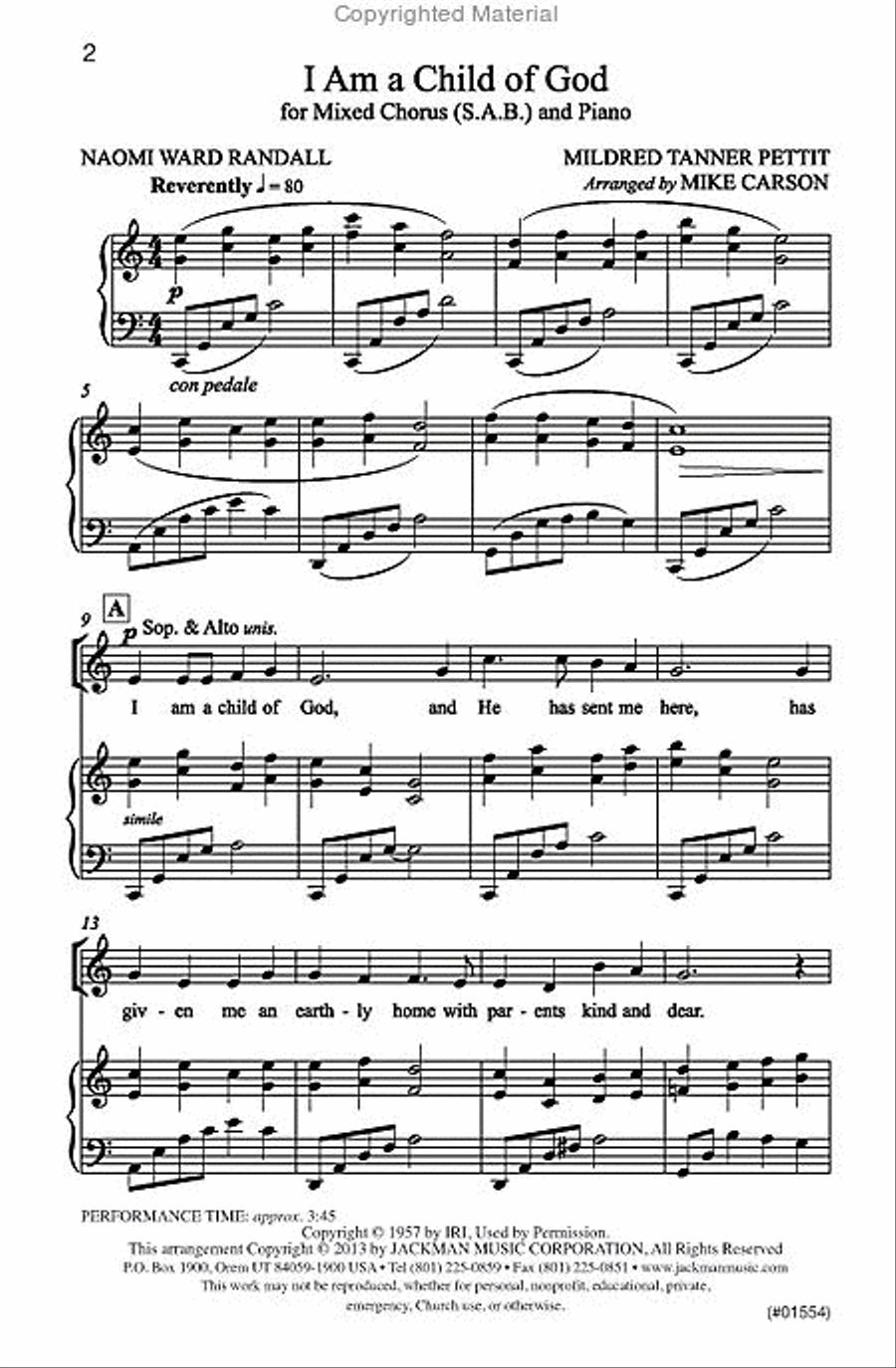 I Am a Child of God - SAB - Carson 3-Part scores gallery preview page 2