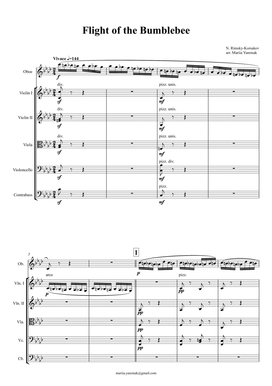 N. Rimsky-Korsakov – Flight of the Bumblebee (for string orchestra and a solo instrument) String Orchestra scores gallery preview page 1