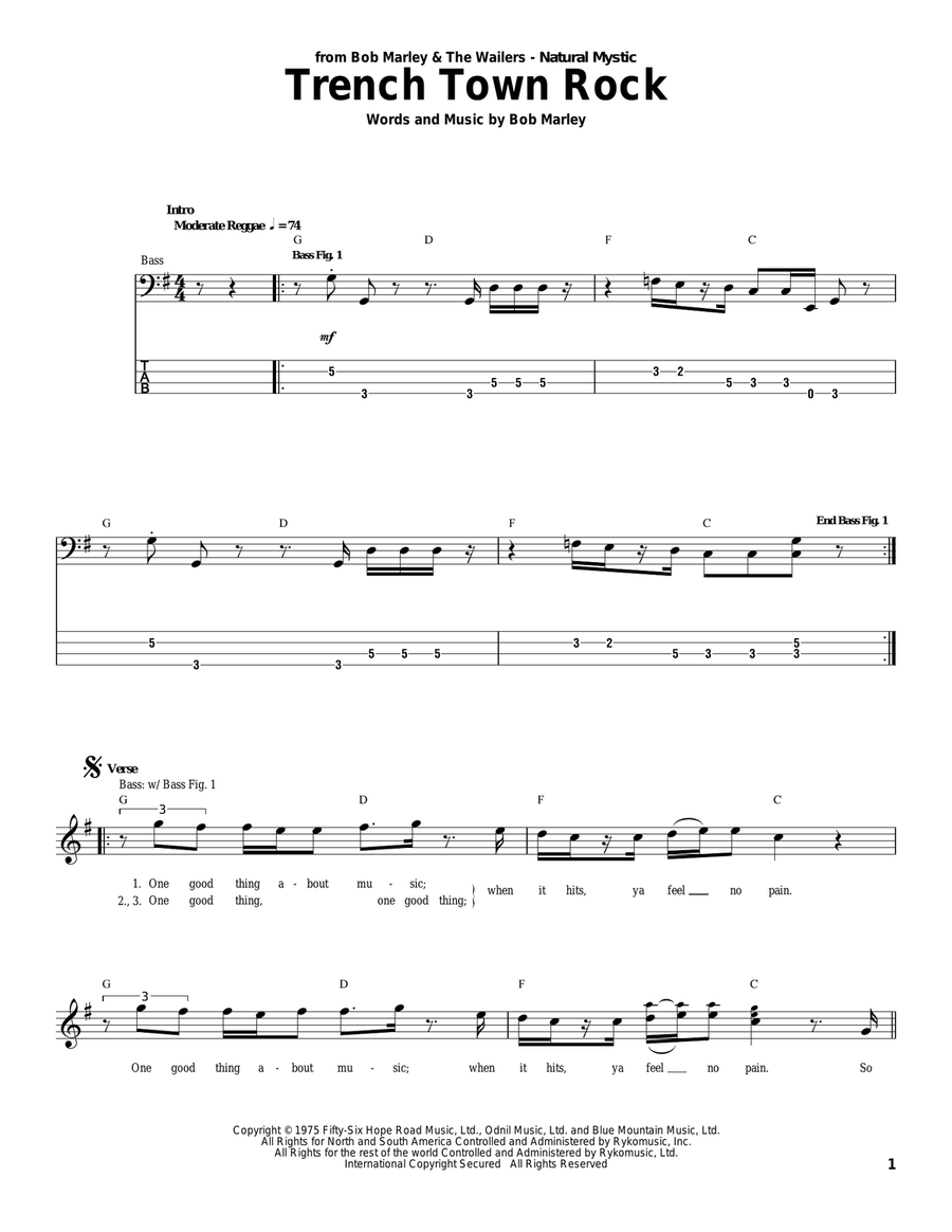 Trench Town Rock Bass Guitar Tablature scores gallery preview page 1