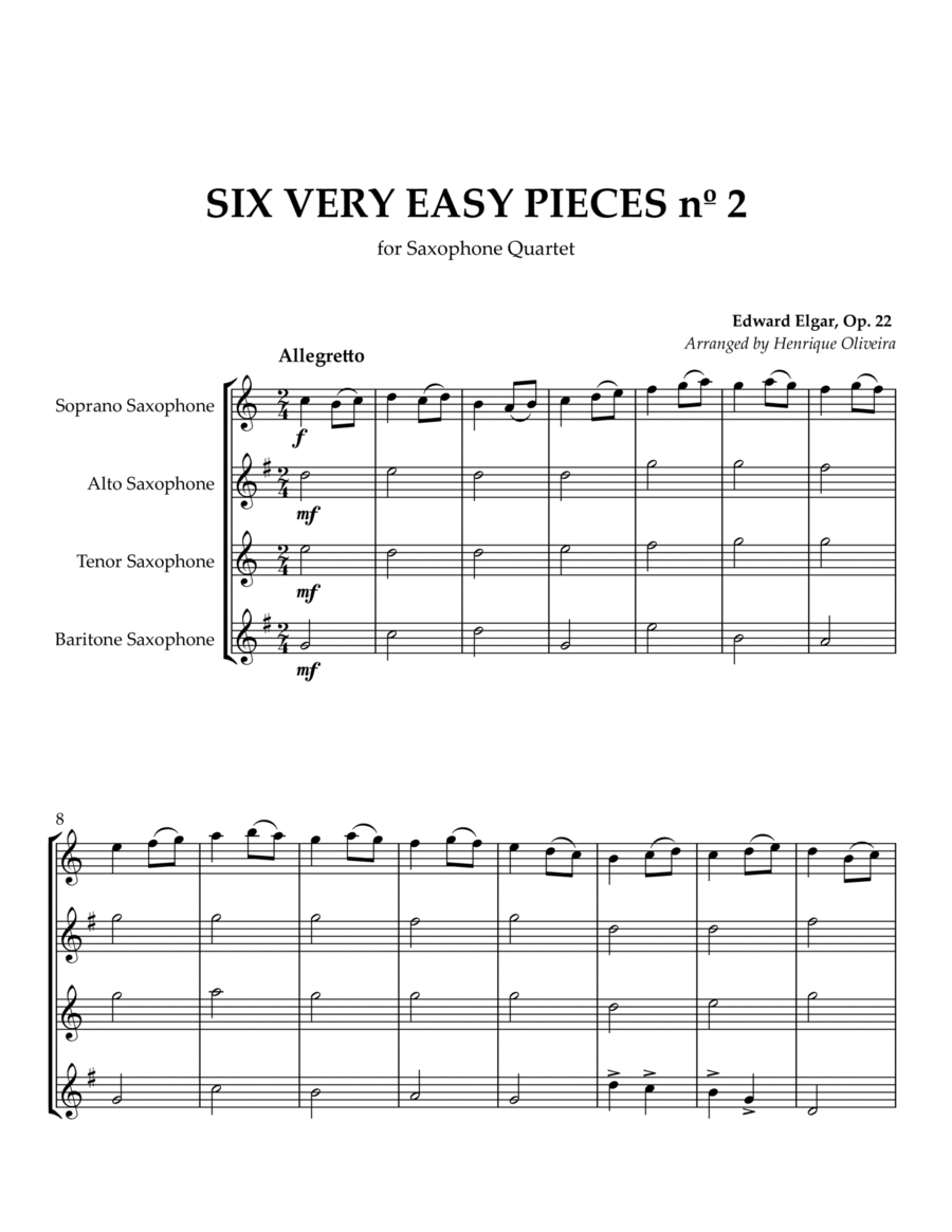 Six Very Easy Pieces nº 2 (Allegretto) - for Saxophone Quartet image number null