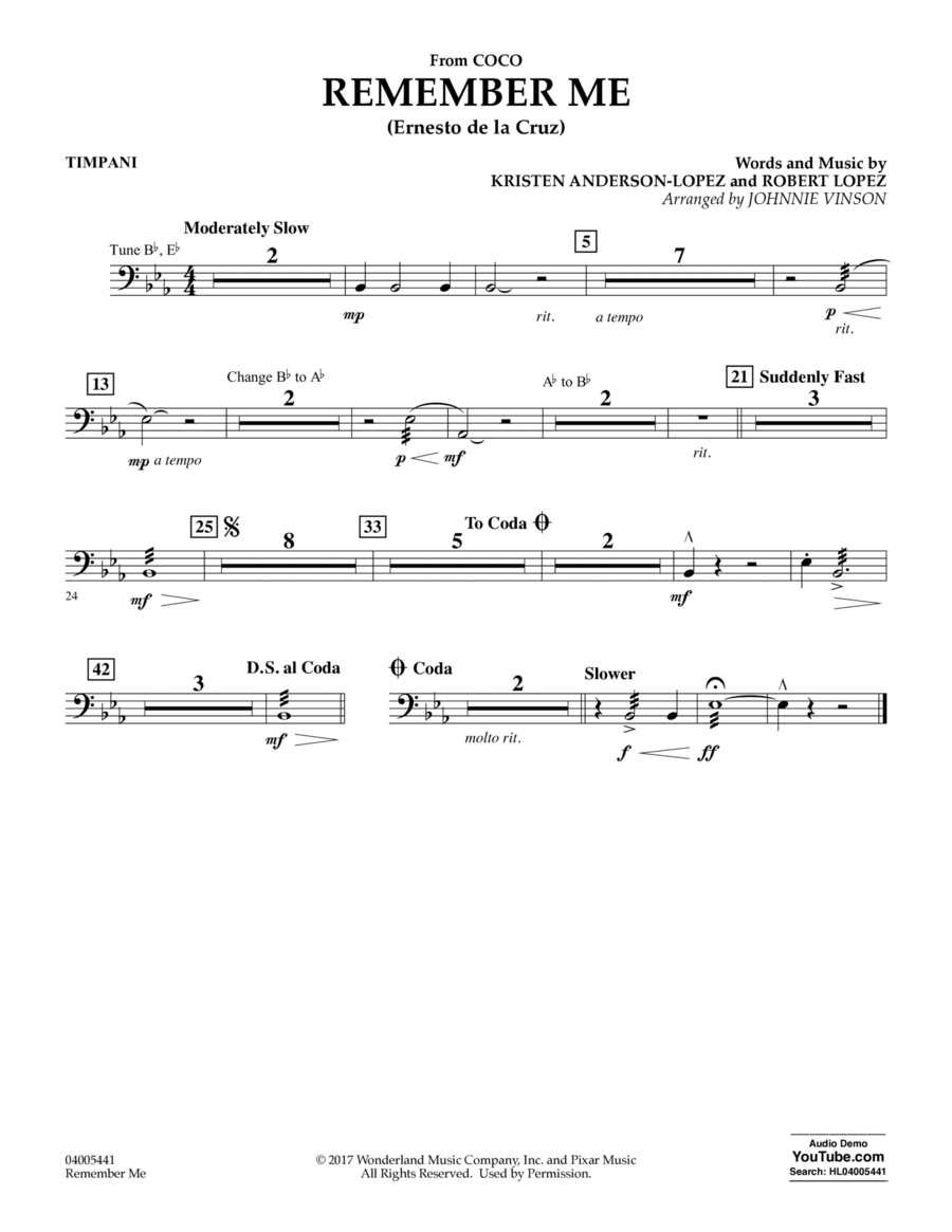 Remember Me (from Coco) (arr. Johnnie Vinson) - Timpani