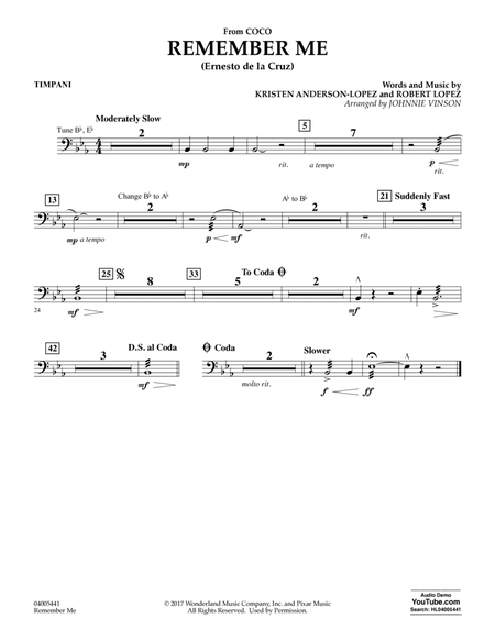 Remember Me (from Coco) (arr. Johnnie Vinson) - Timpani
