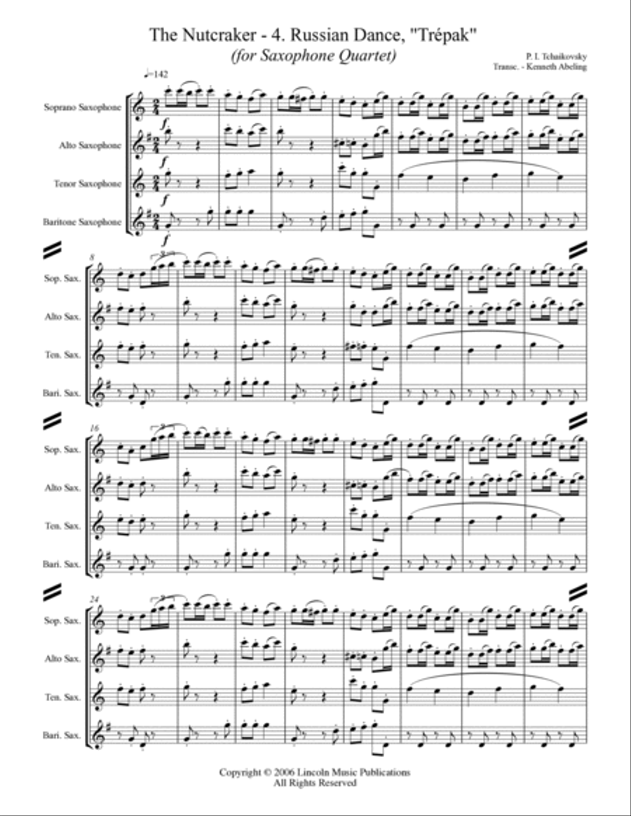 The Nutcracker Suite - 4. Russian Dance, Trépak (for Saxophone Quartet SATB) Saxophone Quartet scores gallery preview page 2