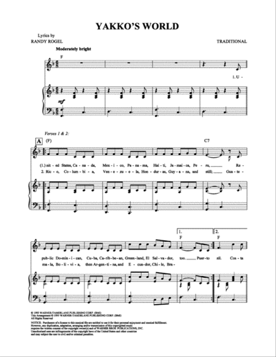 Yakko's World Yakko's World Piano, Vocal, Guitar scores gallery preview page 1