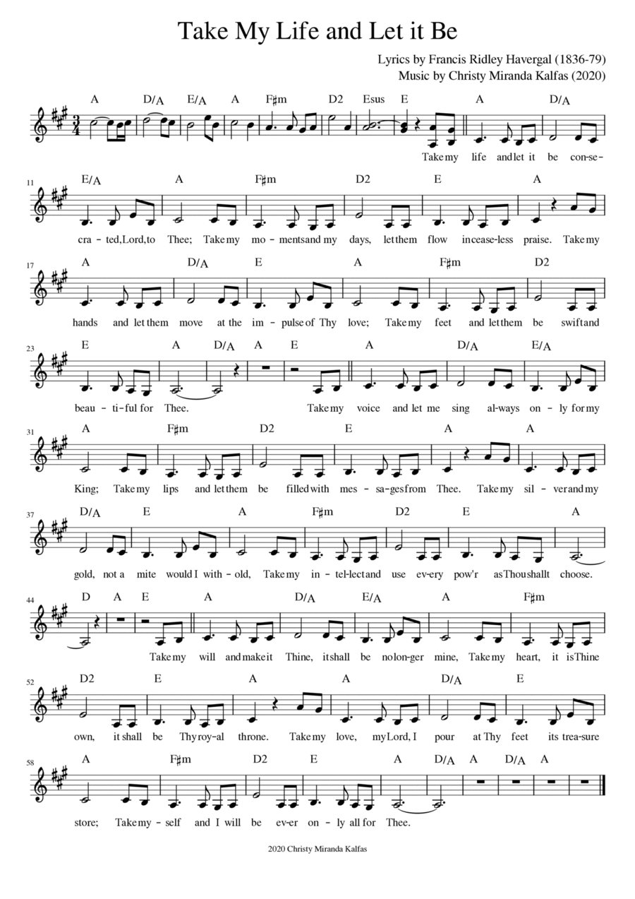 Take My Life and Let It Be (key of A) Guitar scores gallery preview page 1