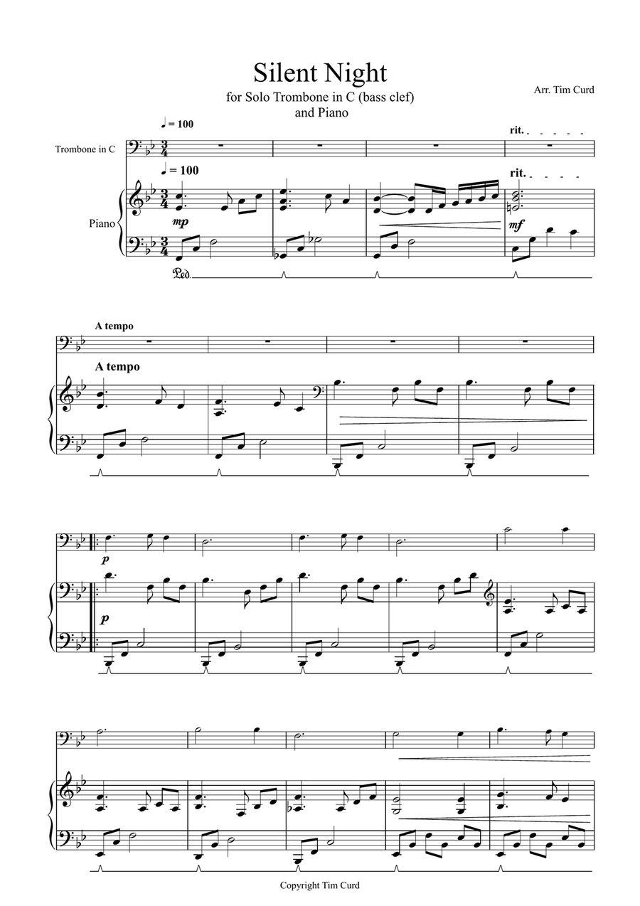 Silent Night for Solo Trombone in C (bass clef) and Piano