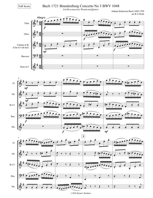 Bach Brandenburg No 3 BWV 1048 Woodwind Quintet Score and Parts