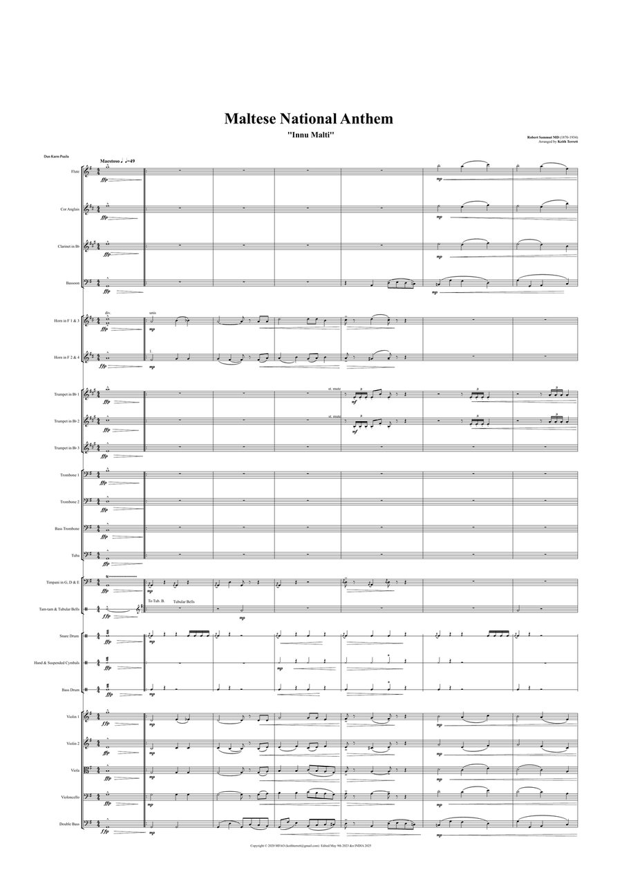Maltese National Anthem for Symphony Orchestra (Olympic National Anthem Series) Full Orchestra scores gallery preview page 2