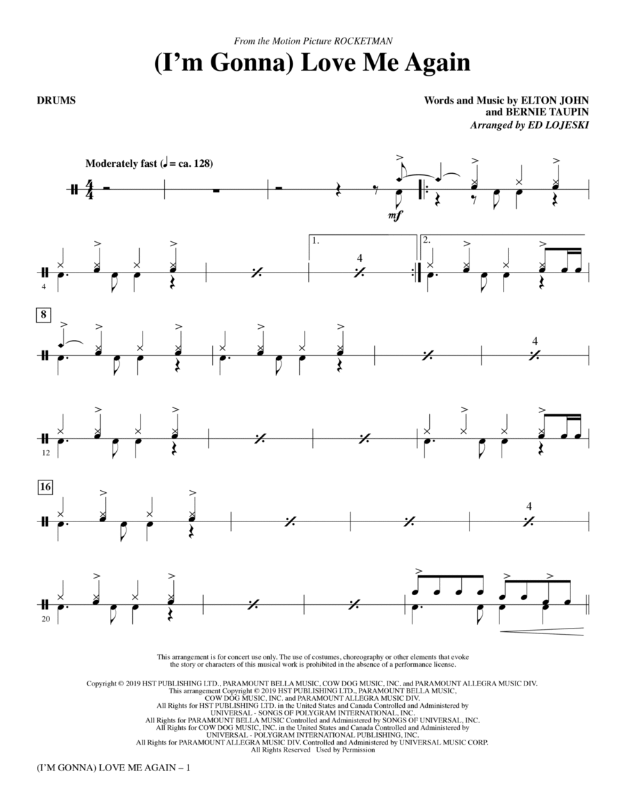 (I'm Gonna) Love Me Again (from Rocketman) (arr. Ed Lojeski) - Drums Choir scores gallery preview page 1